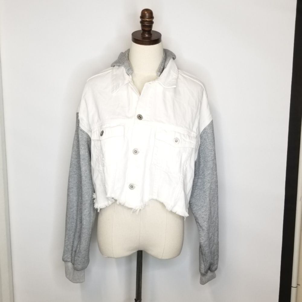 Dance & Marvel White Gray Raw Hem Crop Distressed Convertible Denim Jacket, M